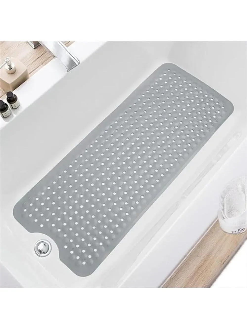 Non Slip Bath Mat Large Bathtub Shower Mat Suction Cups Drain Holes Gray PVC